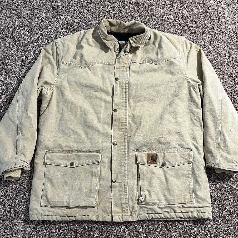 Carhartt Chore Coat Mens Large Tan Duck Canvas Quilted Lined Corduroy Collar